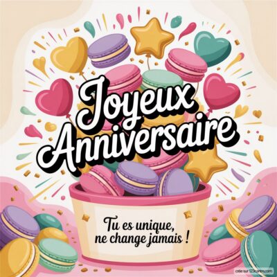 Un pot rempli de macarons colorés, des ballons et des étoiles, avec 