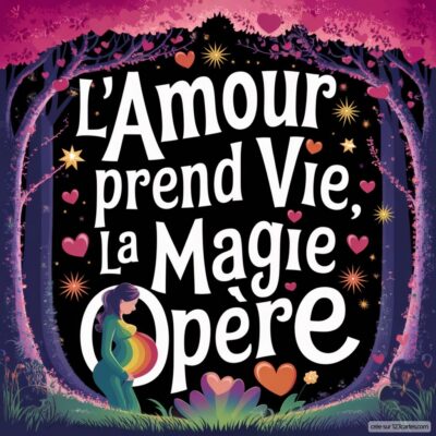 Carte virtuelle colorée annonçant une grossesse, avec une illustration d'une femme enceinte entourée de cœurs et de fleurs, et le texte « L’Amour prend Vie, La Magie Opère ».