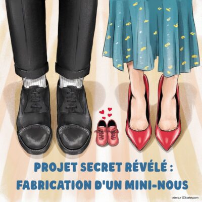 Image illustrant une annonce de grossesse : des chaussures d'adultes et une petite paire de chaussures avec le texte Projet secret révélé : fabrication d'un mini-nous.