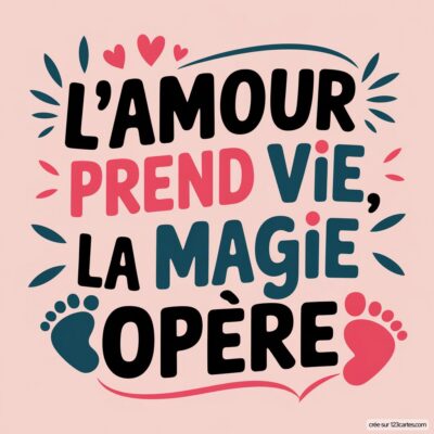Carte virtuelle annonçant une grossesse avec le texte coloré : « L'amour prend vie, la magie opère », entouré de petits cœurs et empreintes de pieds.