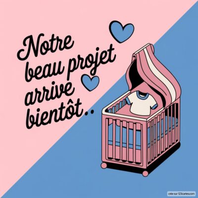 Carte virtuelle annonçant une grossesse, avec un berceau stylisé et un message joyeux sur l’arrivée d'un bébé.