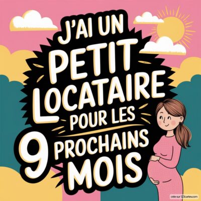 Carte virtuelle annonçant une grossesse avec illustration d'une femme enceinte, texte joyeux sur le futur bébé.