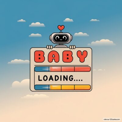 Carte virtuelle avec un robot mignon tenant un panneau Baby Loading... et une barre de progression colorée sur fond de ciel.