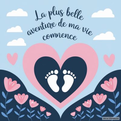 Carte virtuelle annonçant une grossesse, avec des empreintes de pieds sur un cœur rose, entouré de fleurs et de nuages, et le texte La plus belle aventure de ma vie commence.