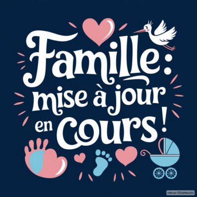 Carte virtuelle annonçant une grossesse avec le texte 'Famille : mise à jour en cours!' entouré de motifs colorés.