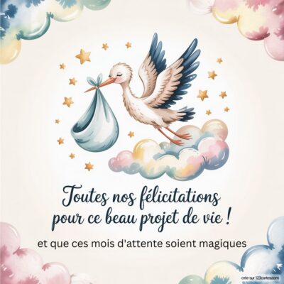 Carte de félicitations sur fond pastel, représentant une cigogne portant un paquet, avec un message de vœux joyeux.