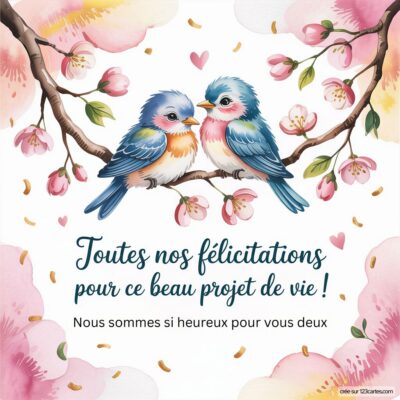 Deux oiseaux colorés se tiennent sur une branche entourée de fleurs roses. Message de félicitations pour une grossesse.