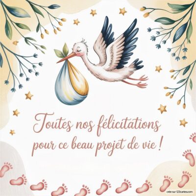 Carte de félicitations de grossesse avec une cigogne portant un paquet, entourée de fleurs et de petites empreintes de pieds.