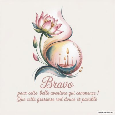 Carte virtuelle de félicitations de grossesse avec une fleur de lotus, des bougies et un message de bonheur en calligraphie.