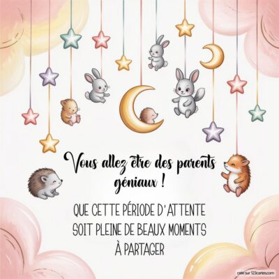 Carte de félicitations pour une grossesse, avec des animaux mignons suspendus et un message joyeux sur fond doux.