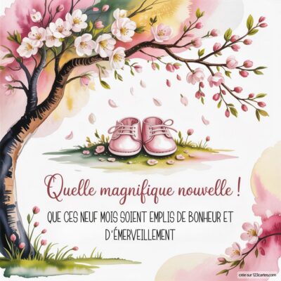 Carte de félicitations pour une grossesse, avec des fleurs, un arbre et des petites chaussures roses au centre.