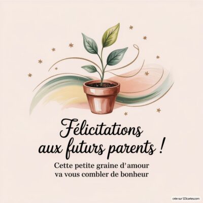 Carte de félicitations pour une grossesse, avec une plante en pot et un texte célébrant les futurs parents et leur bonheur.