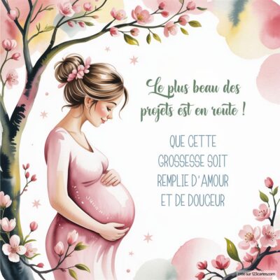 Carte de félicitations : une femme enceinte souriante, entourée de fleurs, avec un message sur la grossesse remplie d'amour et de douceur.