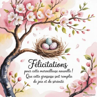 Carte de félicitations de grossesse avec un nid d’œufs colorés et des fleurs roses. Texte souhaitant joie et sérénité.