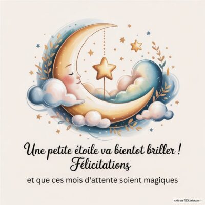 Illustration d'une lune souriante entourée de nuages et d'étoiles, avec le texte : Une petite étoile va bientôt briller ! Félicitations.