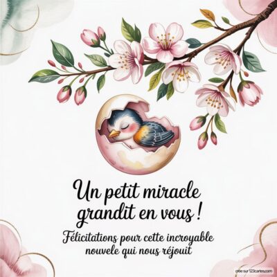 Carte de félicitations de grossesse avec un oisillon dans un œuf, entouré de fleurs et d'une inscription joyeuse.