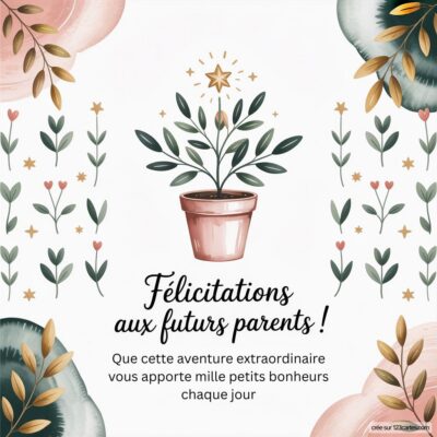 Carte de félicitations pour une grossesse, avec une plante en pot et des motifs floraux, inscription joyeuse au centre.