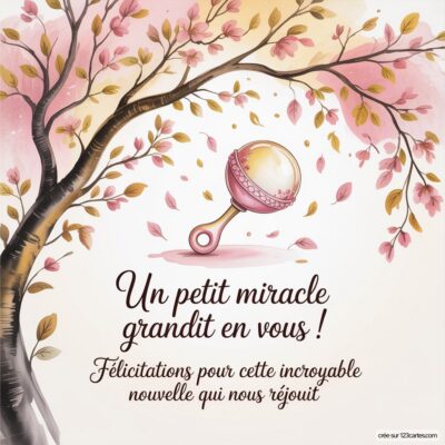 Carte de félicitations de grossesse avec un arbre fleuri, une tétine rose et le texte Un petit miracle grandit en vous !