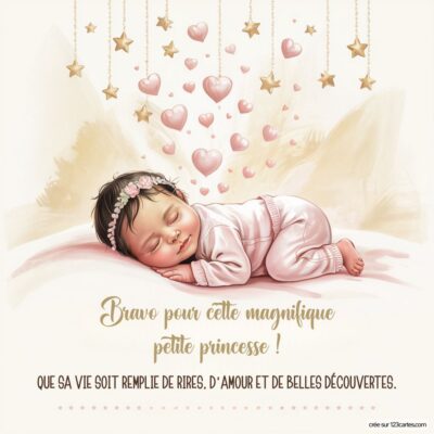 Carte de félicitations pour une naissance : un bébé fille endormi, entouré de cœurs et d'étoiles dorées, avec un message chaleureux.