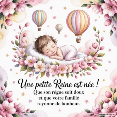 Carte virtuelle de félicitations avec un bébé endormi, entouré de fleurs et de ballons, et un message chaleureux pour la famille.