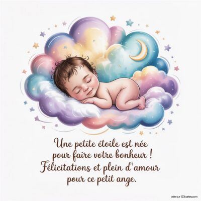 Carte de félicitations pour une naissance : un bébé endormi sur un nuage coloré, avec un message joyeux en dessous.