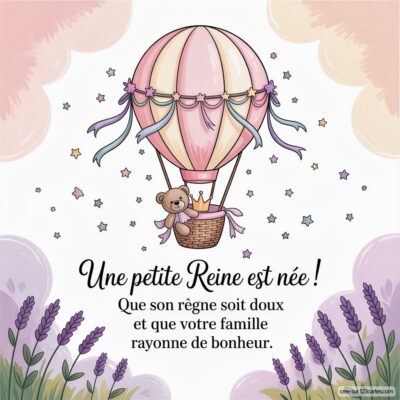 Une carte de félicitations pour la naissance d'une fille, avec un ballon montgolfière et un ours en peluche, entourée d'étoiles.