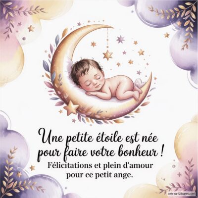 Illustration d'un bébé endormi sur une lune, entouré d'étoiles et de nuages, avec un message de félicitations pour une naissance.