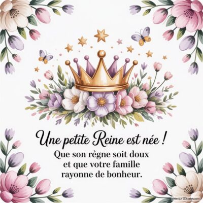 Carte de félicitations pour la naissance d'une fille, ornée de fleurs et d'une couronne dorée. Inscription joyeuse au centre.