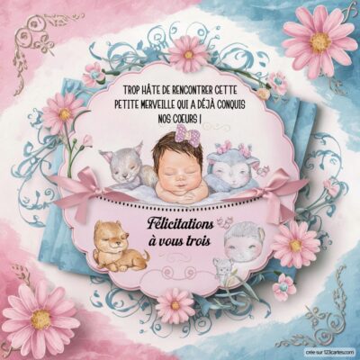 Carte de félicitations pour une naissance. Un bébé endormi entouré d'animaux mignons et de fleurs dans des tons pastel.