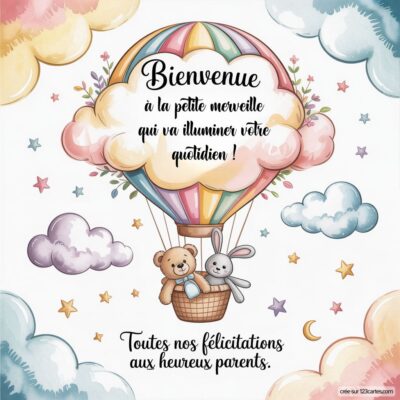 Illustration d'une montgolfière avec un ours et un lapin, entourée de nuages. Message de félicitations pour une naissance fille.