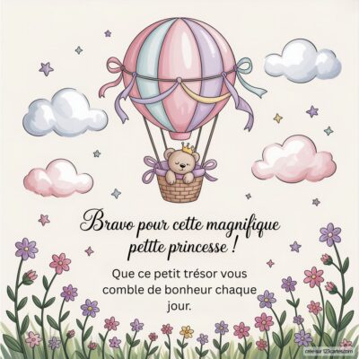 Carte de félicitations avec une montgolfière pastel, un ours en peluche et des fleurs colorées. Texte : Bravo pour cette magnifique petite princesse !