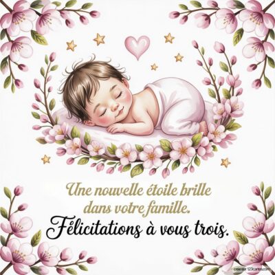Carte de félicitations de naissance : un bébé endormi entouré de fleurs et d'étoiles avec le message « Félicitations à vous trois ».