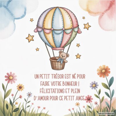Carte de félicitations pour la naissance d'un garçon, avec un ballon dirigeable coloré et un ourson dans une corbeille.