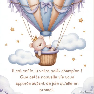 Carte virtuelle de félicitations avec un ours mignon dans une montgolfière, entouré de nuages, annonçant la naissance d'un garçon.