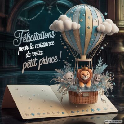 Carte pop-up de félicitations : montgolfière bleue avec un lion et des animaux en peluche, message pour un petit prince.