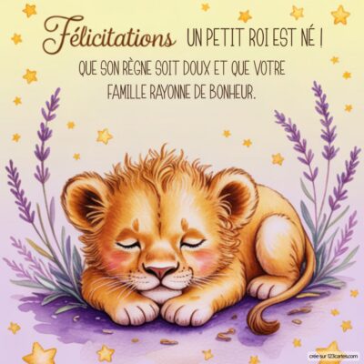Carte de félicitations pour la naissance d'un garçon, avec un lionceau endormi entouré d'étoiles et de lavande.