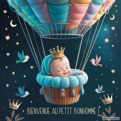 Carte de félicitations avec un bébé heureux dans un ballon, portant une couronne, entouré d'étoiles et d'oiseaux.