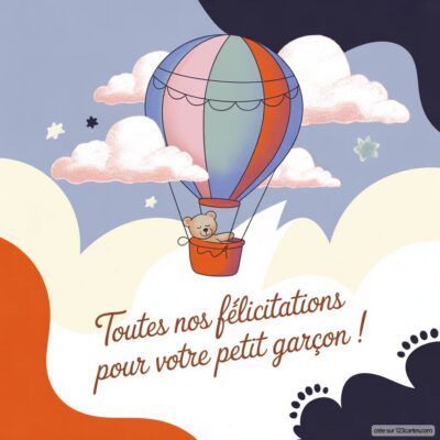 Carte de félicitations avec un ballon dirigeable portant un ours en peluche, sur fond coloré et nuages, message de célébration pour un garçon.