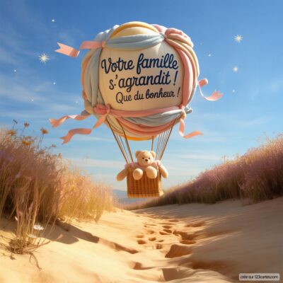 Carte virtuelle de félicitations pour une naissance : montgolfière colorée avec un ours en peluche, message de bonheur pour la famille.