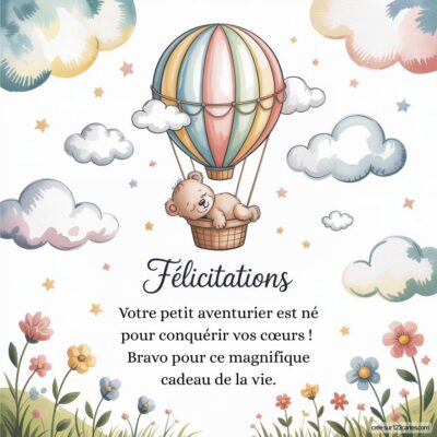 Carte de félicitations avec un ours en peluche dans une montgolfière colorée, entouré de nuages et de fleurs.