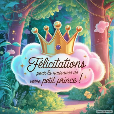 Carte félicitant pour la naissance d'un garçon, avec une couronne dorée et des nuages au milieu d'une forêt verdoyante.