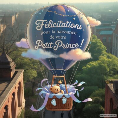 Montgolfière avec un ours en peluche, portant un message de félicitations pour la naissance d'un garçon.
